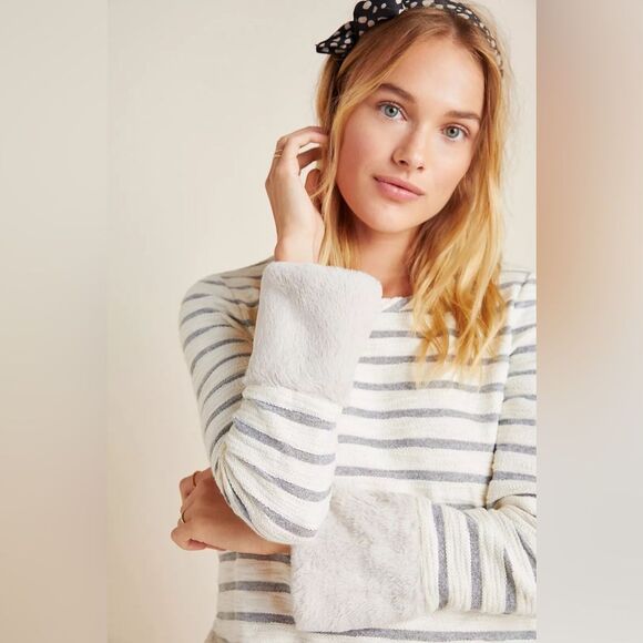 Maeve by Anthropologie Astor Fur-Trimmed Striped Pullover Size Medium - Picture 2 of 12